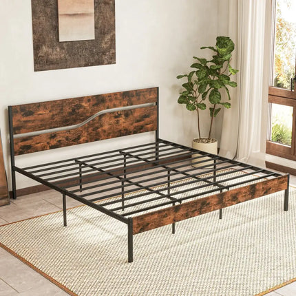 Twin/Full/Queen/King Metal Bed Frame with Wooden Headboard and Footboard-King Size - Rustic Brown - Simple Bed Frame