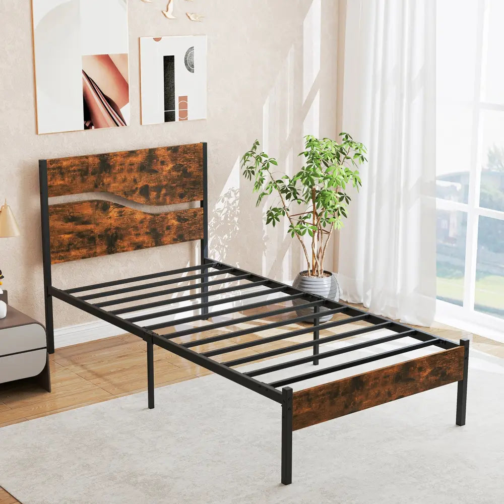 Twin/Full/Queen/King Metal Bed Frame with Wooden Headboard and Footboard-Twin Size - Rustic Brown - Simple Bed Frame