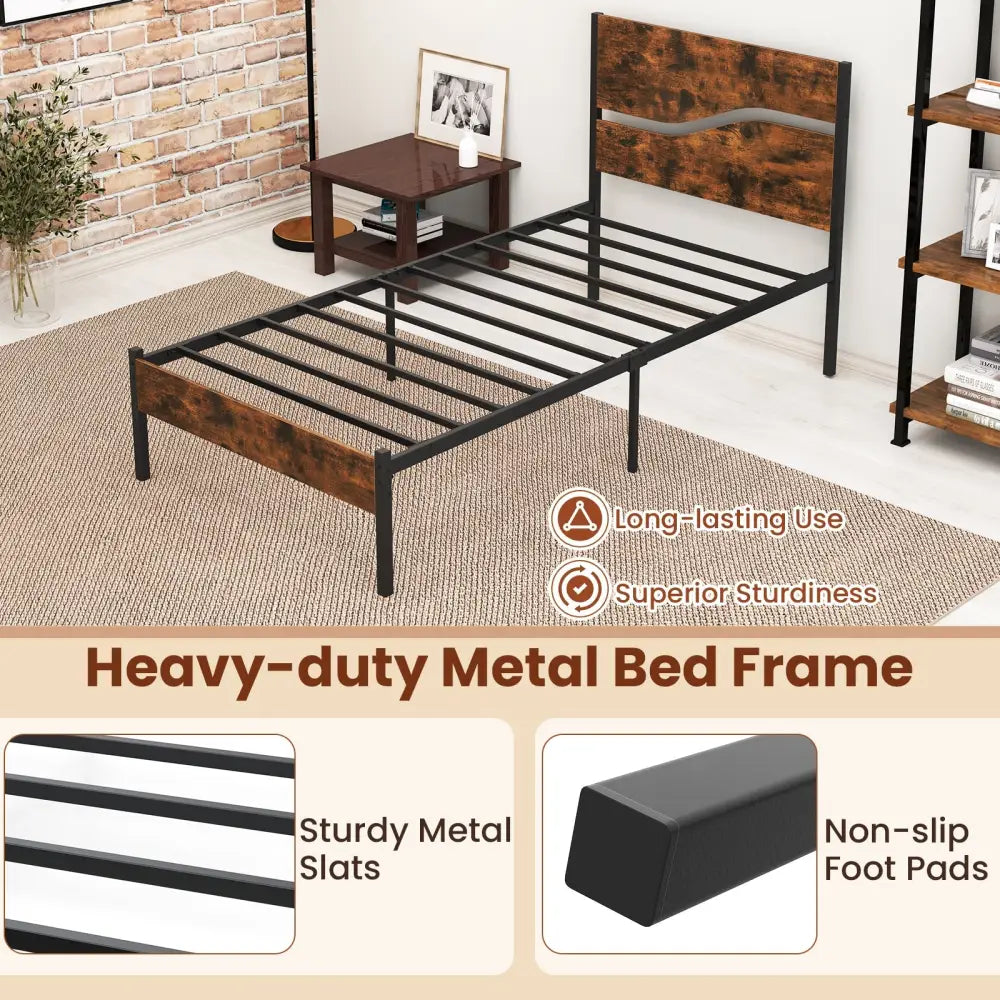 Twin/Full/Queen/King Metal Bed Frame with Wooden Headboard and Footboard-Twin Size - Rustic Brown - Simple Bed Frame