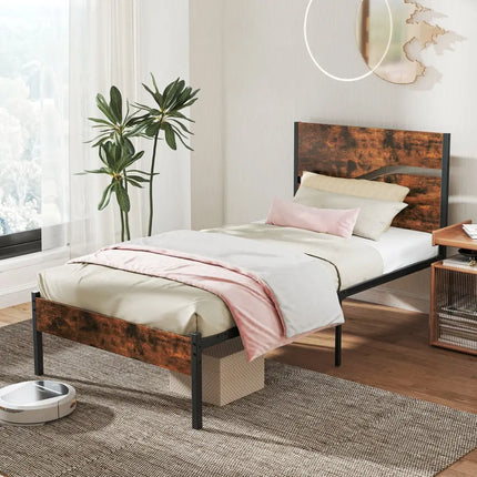 Twin/Full/Queen/King Metal Bed Frame with Wooden Headboard and Footboard-Twin Size - Rustic Brown - Simple Bed Frame