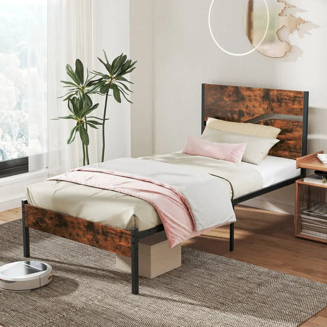 Twin/Full/Queen/King Metal Bed Frame with Wooden Headboard and Footboard-Twin Size - Rustic Brown - Simple Bed Frame