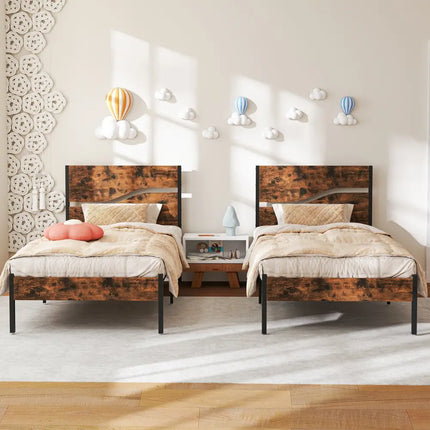 Twin/Full/Queen/King Metal Bed Frame with Wooden Headboard and Footboard-Twin Size - Rustic Brown - Simple Bed Frame