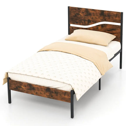 Twin/Full/Queen/King Metal Bed Frame with Wooden Headboard and Footboard-Twin Size - Rustic Brown - Simple Bed Frame