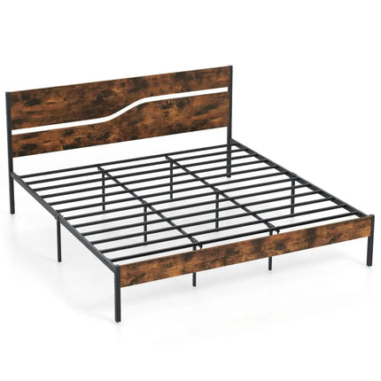 Twin/Full/Queen/King Metal Bed Frame with Wooden Headboard and Footboard-King Size - Rustic Brown - Simple Bed Frame