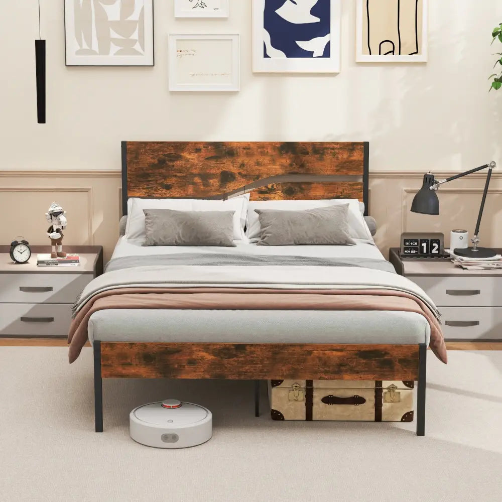 Twin/Full/Queen/King Metal Bed Frame with Wooden Headboard and Footboard-Full Size - Rustic Brown - Simple Bed Frame
