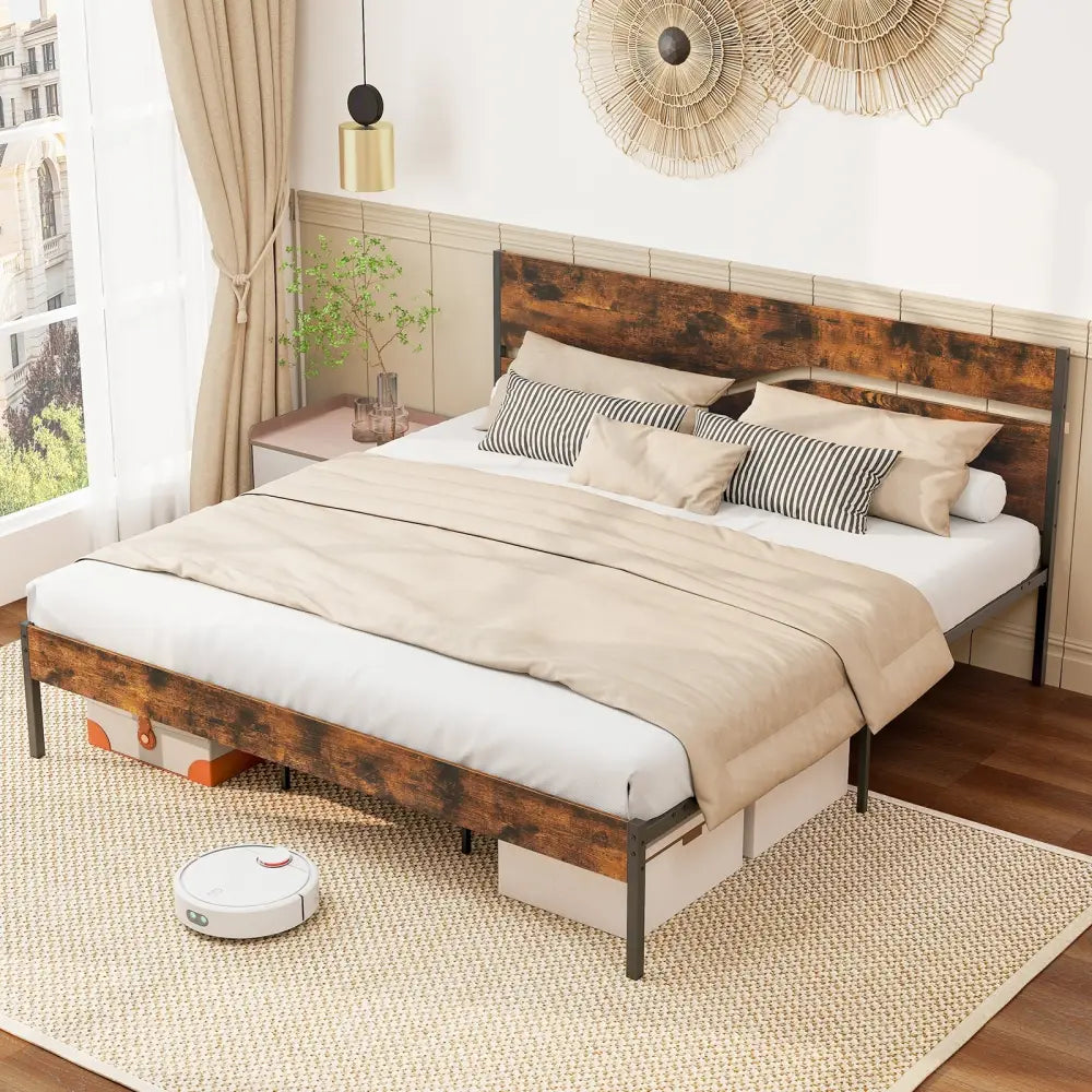 Twin/Full/Queen/King Metal Bed Frame with Wooden Headboard and Footboard-King Size - Rustic Brown - Simple Bed Frame
