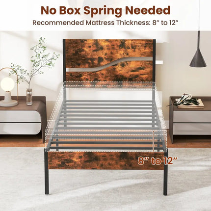 Twin/Full/Queen/King Metal Bed Frame with Wooden Headboard and Footboard-Twin Size - Rustic Brown - Simple Bed Frame