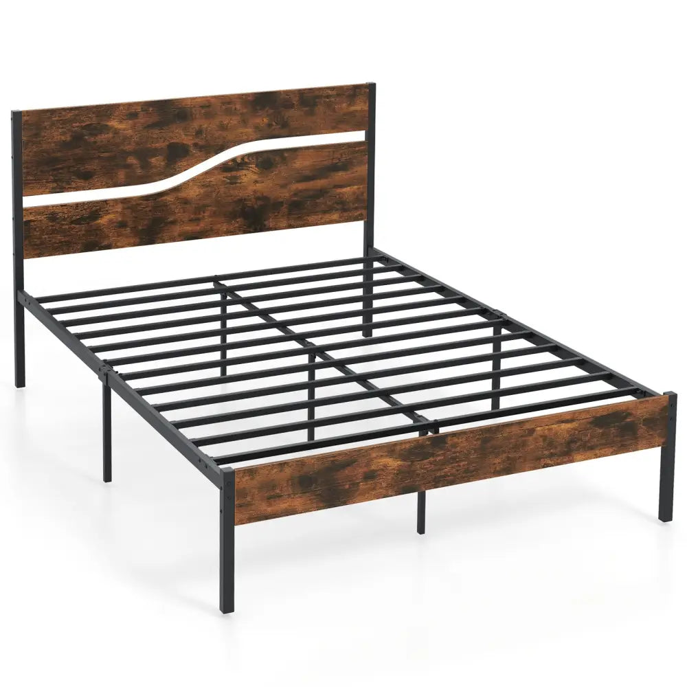 Twin/Full/Queen/King Metal Bed Frame with Wooden Headboard and Footboard-Full Size - Rustic Brown - Simple Bed Frame