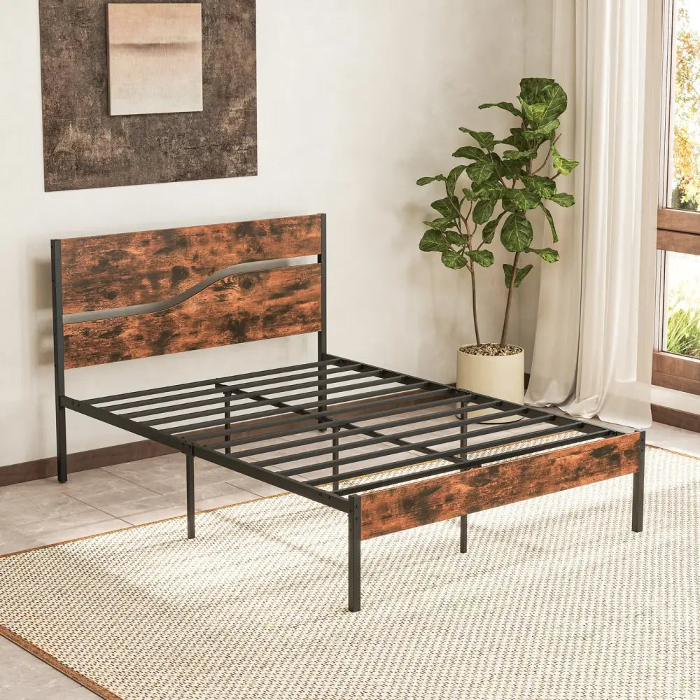 Twin/Full/Queen/King Metal Bed Frame with Wooden Headboard and Footboard-Full Size - Rustic Brown - Simple Bed Frame