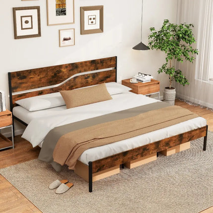 Twin/Full/Queen/King Metal Bed Frame with Wooden Headboard and Footboard-King Size - Rustic Brown - Simple Bed Frame