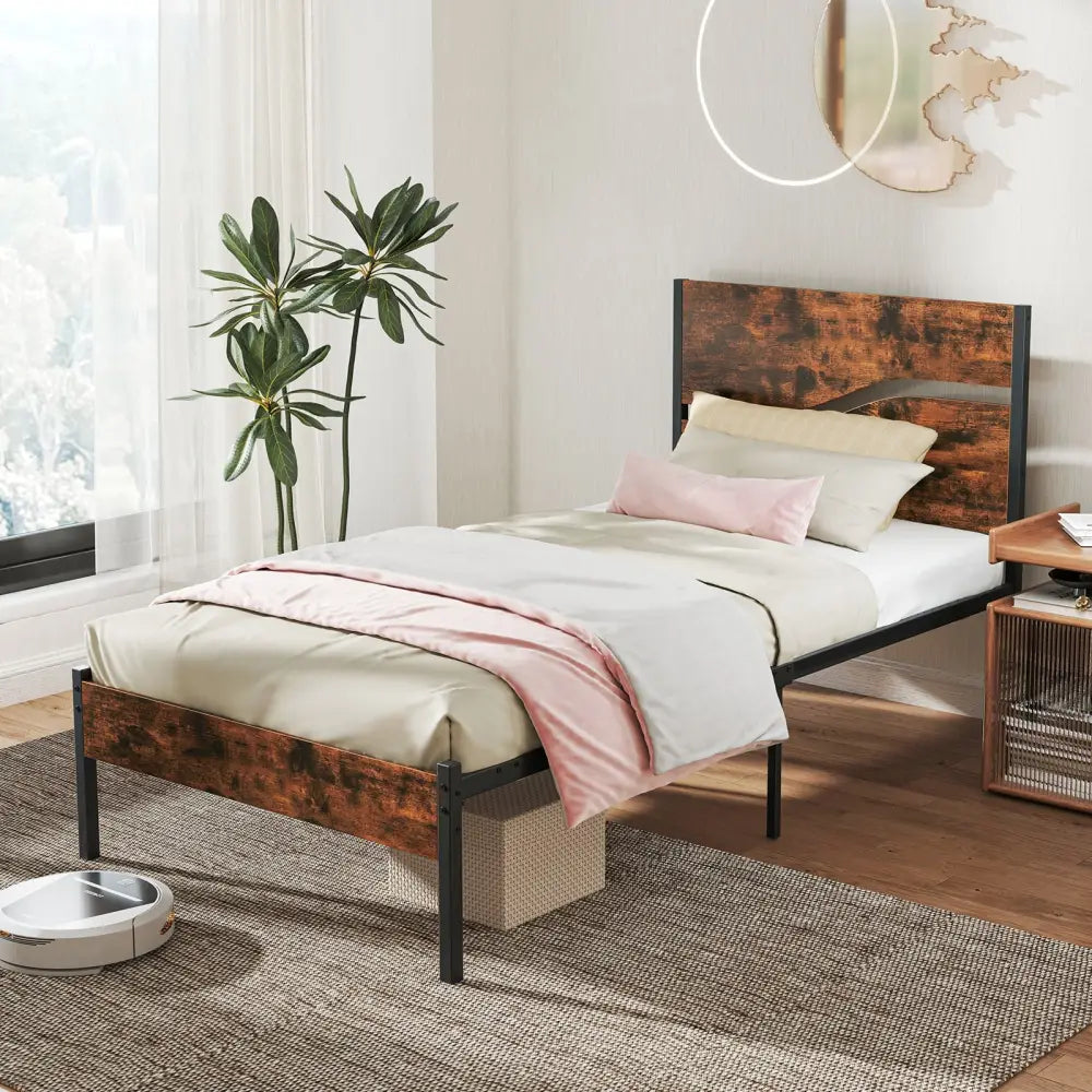Twin/Full/Queen/King Metal Bed Frame with Wooden Headboard and Footboard-Twin Size - Rustic Brown - Simple Bed Frame