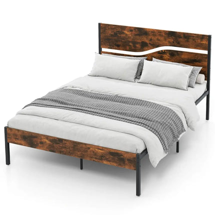 Twin/Full/Queen/King Metal Bed Frame with Wooden Headboard and Footboard-Full Size - Rustic Brown - Simple Bed Frame