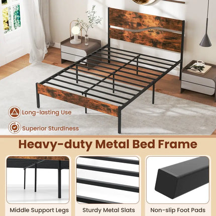 Twin/Full/Queen/King Metal Bed Frame with Wooden Headboard and Footboard-Full Size - Rustic Brown - Simple Bed Frame