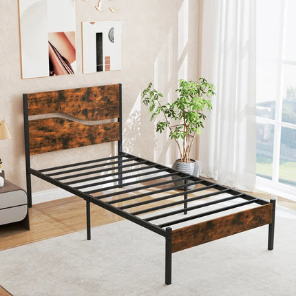 Twin/Full/Queen/King Metal Bed Frame with Wooden Headboard and Footboard-Twin Size - Rustic Brown - Simple Bed Frame