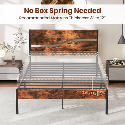 Twin/Full/Queen/King Metal Bed Frame with Wooden Headboard and Footboard-Full Size - Rustic Brown - Simple Bed Frame