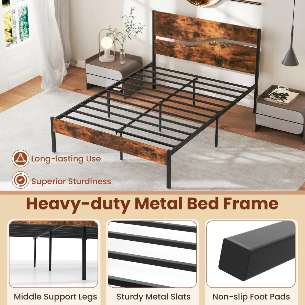 Twin/Full/Queen/King Metal Bed Frame with Wooden Headboard and Footboard-Full Size - Rustic Brown - Simple Bed Frame