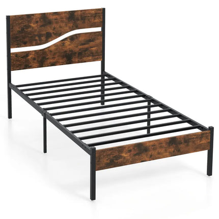 Twin/Full/Queen/King Metal Bed Frame with Wooden Headboard and Footboard-Twin Size - Rustic Brown - Simple Bed Frame