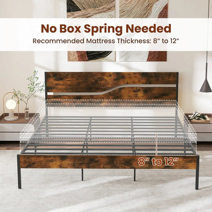 Twin/Full/Queen/King Metal Bed Frame with Wooden Headboard and Footboard-King Size - Rustic Brown - Simple Bed Frame