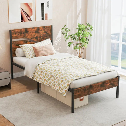 Twin/Full/Queen/King Metal Bed Frame with Wooden Headboard and Footboard-Twin Size - Rustic Brown - Simple Bed Frame