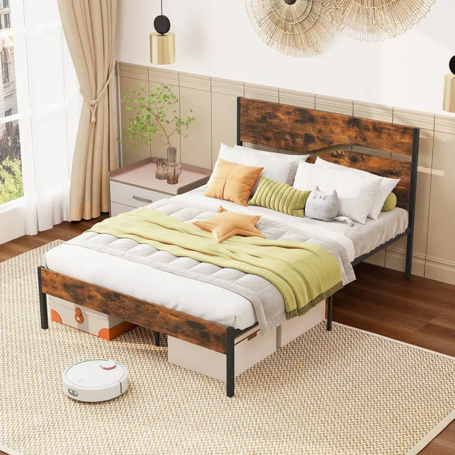 Twin/Full/Queen/King Metal Bed Frame with Wooden Headboard and Footboard-Full Size - Rustic Brown - Simple Bed Frame