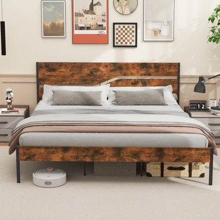 Twin/Full/Queen/King Metal Bed Frame with Wooden Headboard and Footboard-King Size - Rustic Brown - Simple Bed Frame
