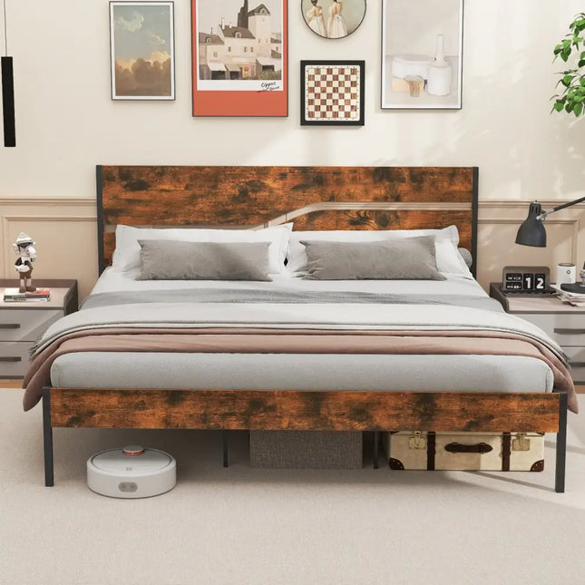Twin/Full/Queen/King Metal Bed Frame with Wooden Headboard and Footboard-King Size - Rustic Brown - Simple Bed Frame
