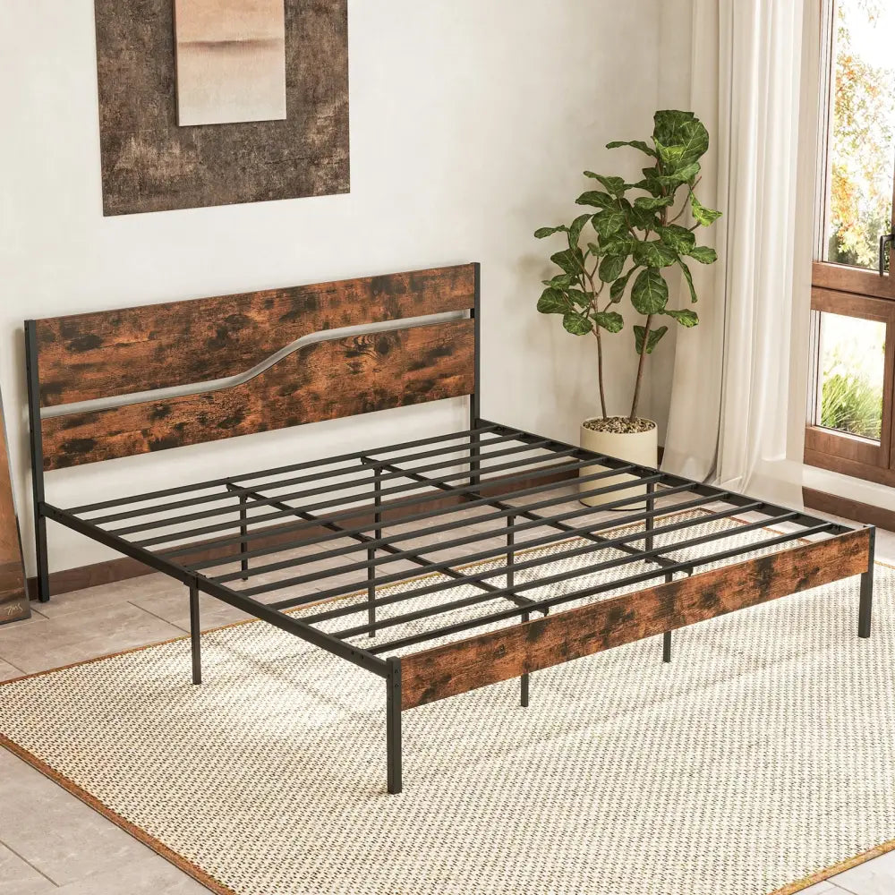 Twin/Full/Queen/King Metal Bed Frame with Wooden Headboard and Footboard-King Size - Rustic Brown - Simple Bed Frame