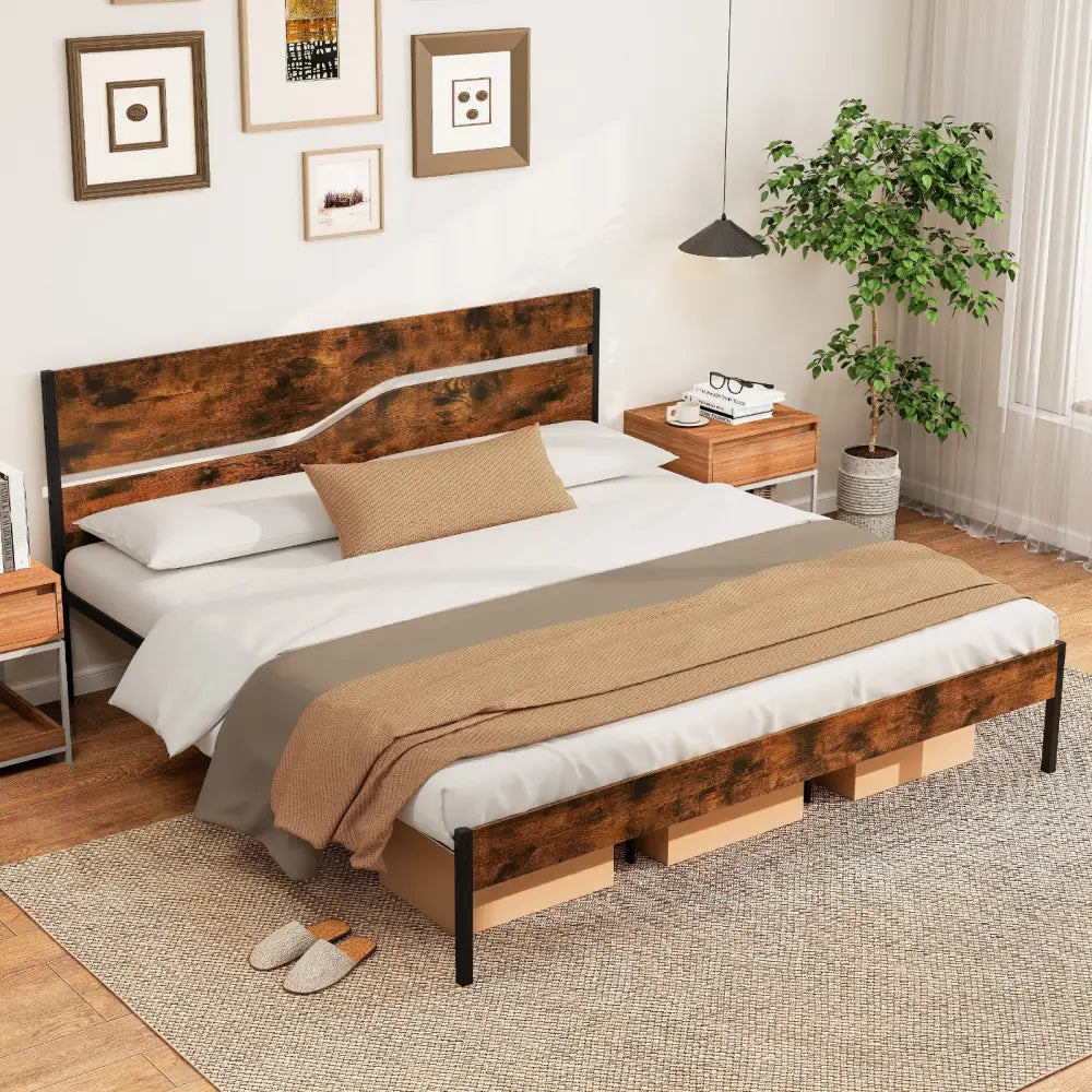 Twin/Full/Queen/King Metal Bed Frame with Wooden Headboard and Footboard-King Size - Rustic Brown - Simple Bed Frame