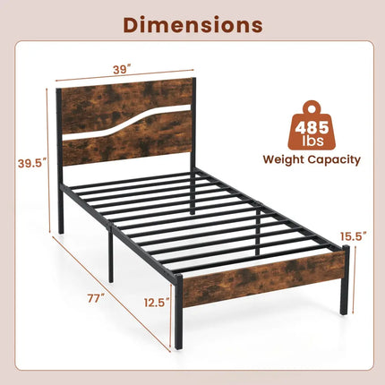Twin/Full/Queen/King Metal Bed Frame with Wooden Headboard and Footboard-Twin Size - Rustic Brown - Simple Bed Frame