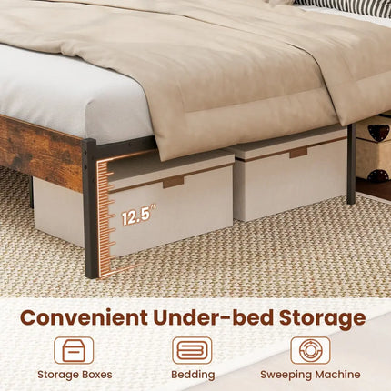 Twin/Full/Queen/King Metal Bed Frame with Wooden Headboard and Footboard-King Size - Rustic Brown - Simple Bed Frame