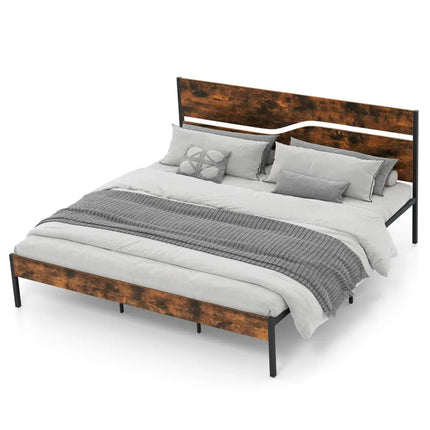 Twin/Full/Queen/King Metal Bed Frame with Wooden Headboard and Footboard-King Size - Rustic Brown - Simple Bed Frame