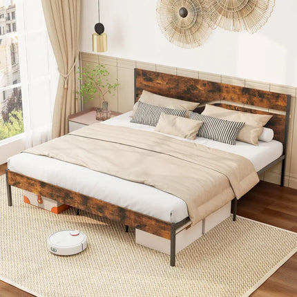 Twin/Full/Queen/King Metal Bed Frame with Wooden Headboard and Footboard-King Size - Rustic Brown - Simple Bed Frame