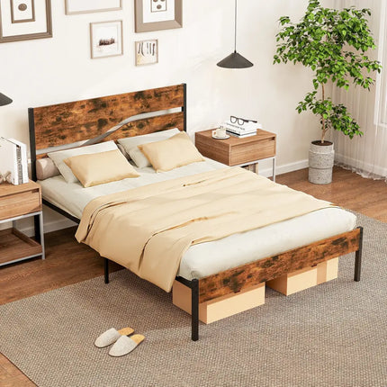 Twin/Full/Queen/King Metal Bed Frame with Wooden Headboard and Footboard-Full Size - Rustic Brown - Simple Bed Frame