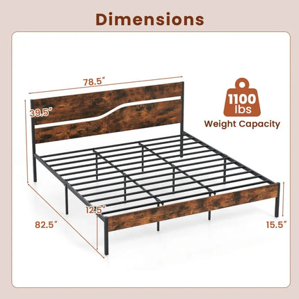 Twin/Full/Queen/King Metal Bed Frame with Wooden Headboard and Footboard-King Size - Rustic Brown - Simple Bed Frame