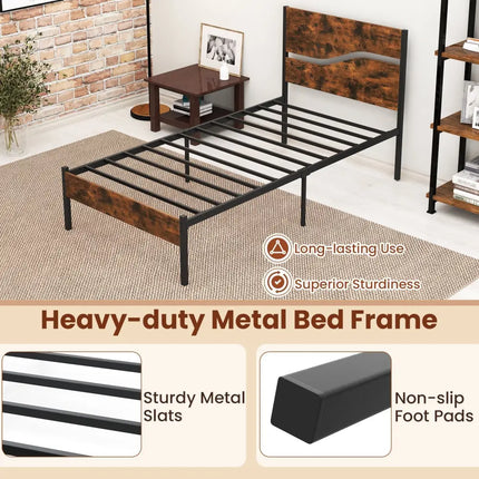 Twin/Full/Queen/King Metal Bed Frame with Wooden Headboard and Footboard-Twin Size - Rustic Brown - Simple Bed Frame