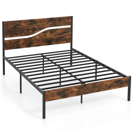 Twin/Full/Queen/King Metal Bed Frame with Wooden Headboard and Footboard-Full Size - Rustic Brown - Simple Bed Frame