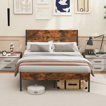 Twin/Full/Queen/King Metal Bed Frame with Wooden Headboard and Footboard-Full Size - Rustic Brown - Simple Bed Frame