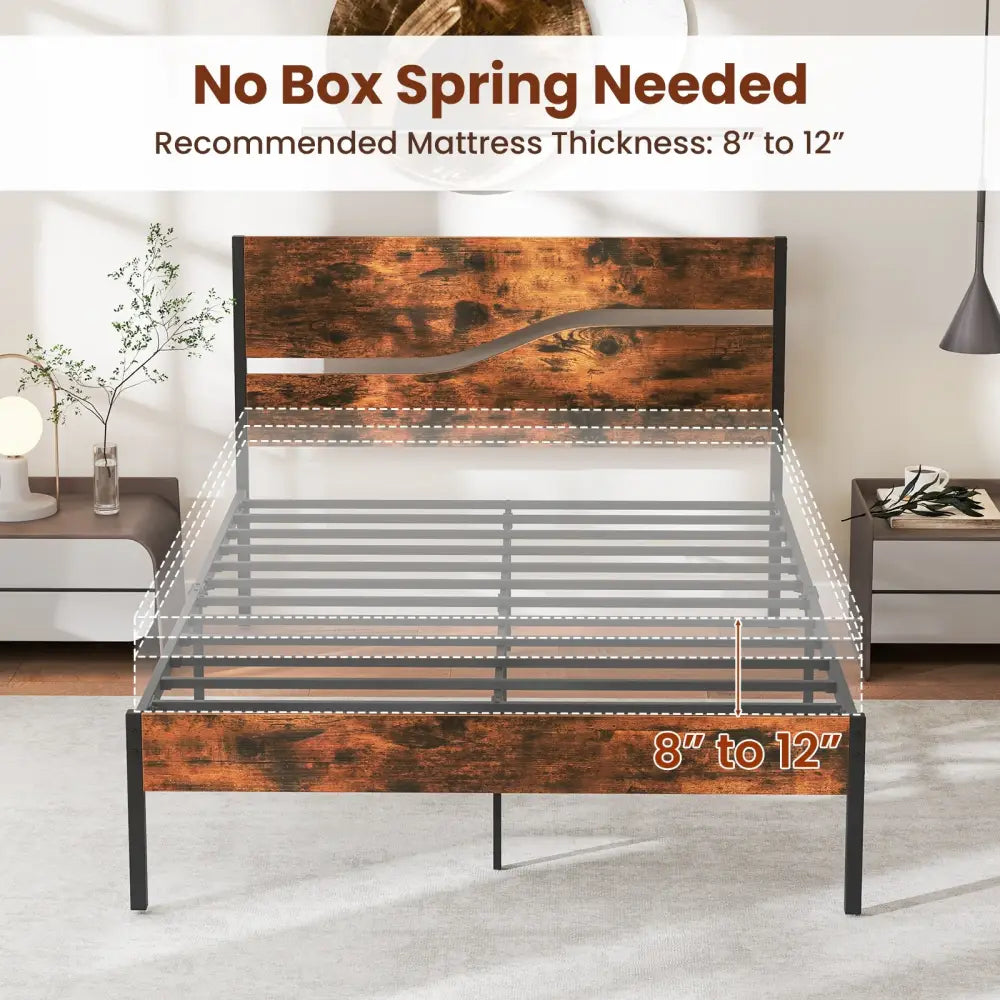 Twin/Full/Queen/King Metal Bed Frame with Wooden Headboard and Footboard-Full Size - Rustic Brown - Simple Bed Frame