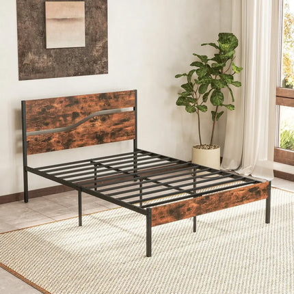 Twin/Full/Queen/King Metal Bed Frame with Wooden Headboard and Footboard-Full Size - Rustic Brown - Simple Bed Frame