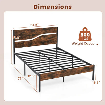 Twin/Full/Queen/King Metal Bed Frame with Wooden Headboard and Footboard-Full Size - Rustic Brown - Simple Bed Frame