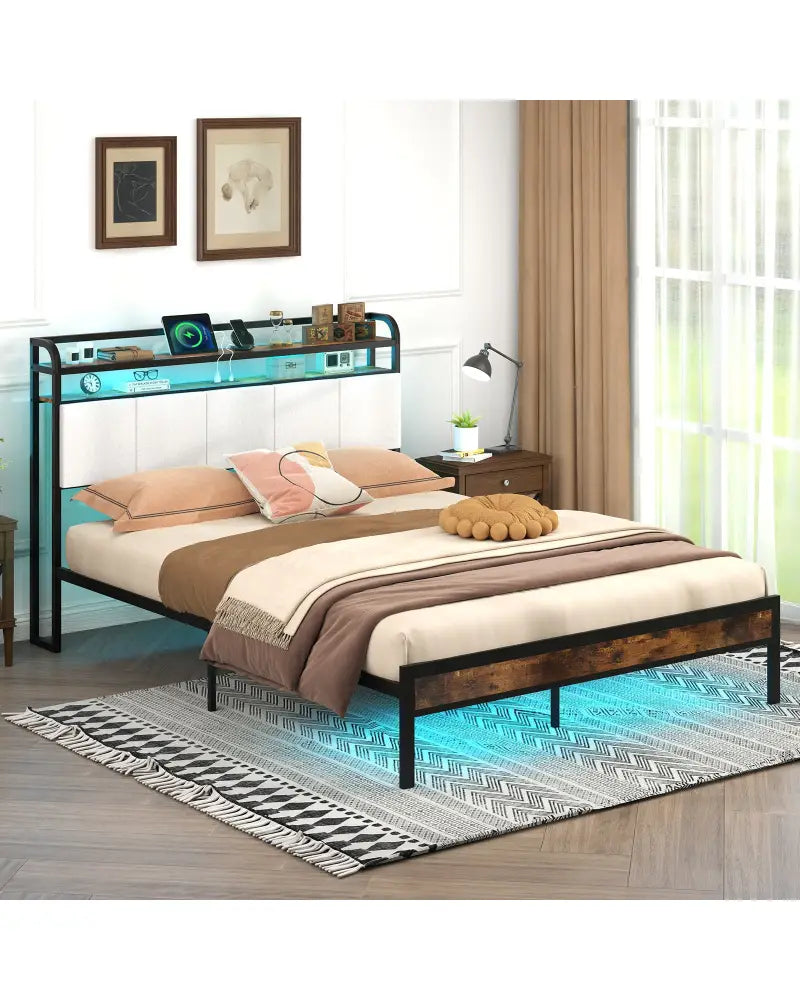 Twin/Full/Queen/King Size Bed Frame with LED Light and Charging Station-Queen Size - Gray - Simple Bed Frame