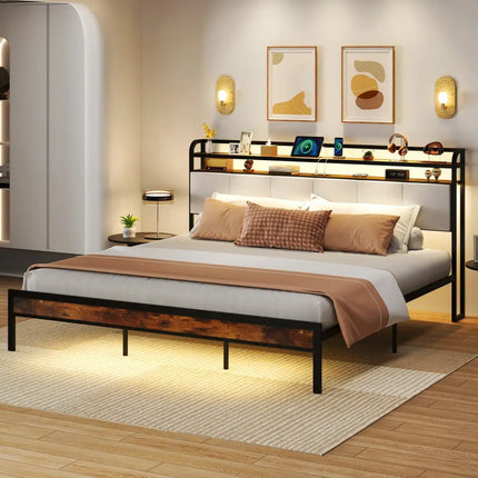 Twin/Full/Queen/King Size Bed Frame with LED Light and Charging Station-King Size - Gray - Simple Bed Frame