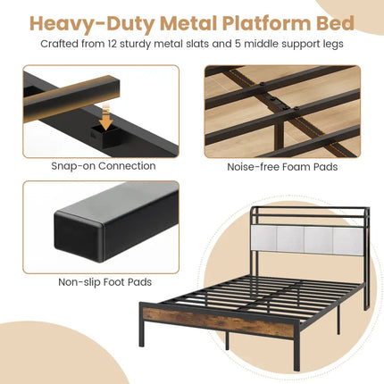 Twin/Full/Queen/King Size Bed Frame with LED Light and Charging Station-Full Size - Gray - Simple Bed Frame