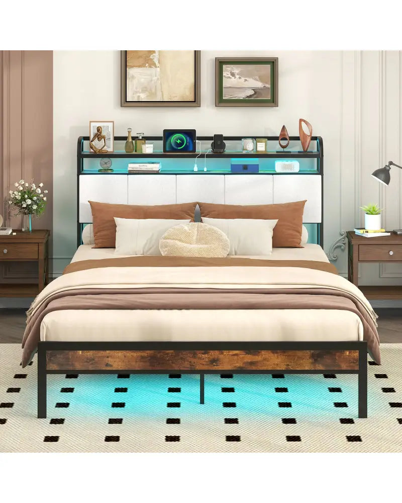 Twin/Full/Queen/King Size Bed Frame with LED Light and Charging Station-Queen Size - Gray - Simple Bed Frame