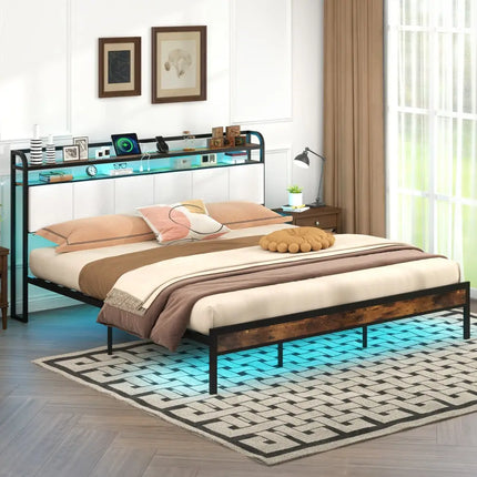 Twin/Full/Queen/King Size Bed Frame with LED Light and Charging Station-King Size - Gray - Simple Bed Frame