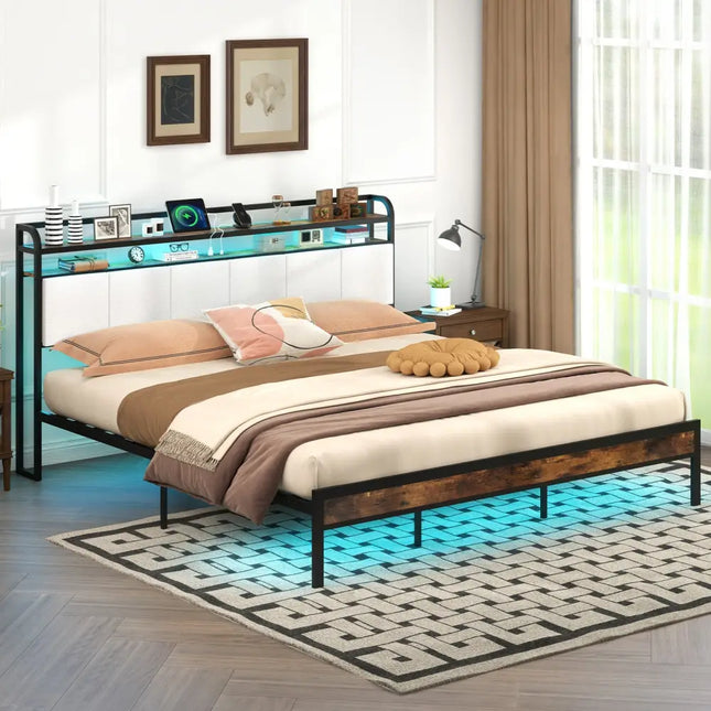 Twin/Full/Queen/King Size Bed Frame with LED Light and Charging Station-King Size - Gray - Simple Bed Frame