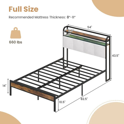 Twin/Full/Queen/King Size Bed Frame with LED Light and Charging Station-Full Size - Gray - Simple Bed Frame