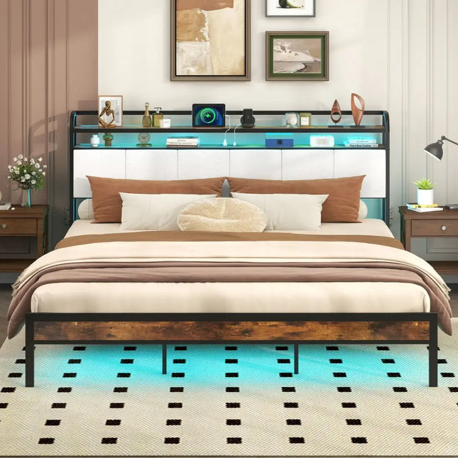 Twin/Full/Queen/King Size Bed Frame with LED Light and Charging Station-King Size - Gray - Simple Bed Frame