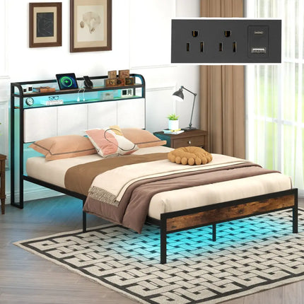 Twin/Full/Queen/King Size Bed Frame with LED Light and Charging Station-Full Size - Gray - Simple Bed Frame