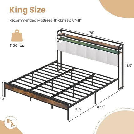 Twin/Full/Queen/King Size Bed Frame with LED Light and Charging Station-King Size - Gray - Simple Bed Frame